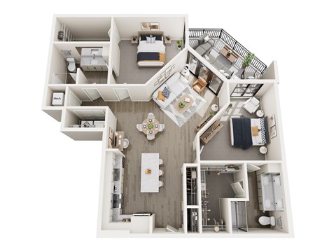 A top-down view of a house interior with a kitchen, living room, and bedrooms.